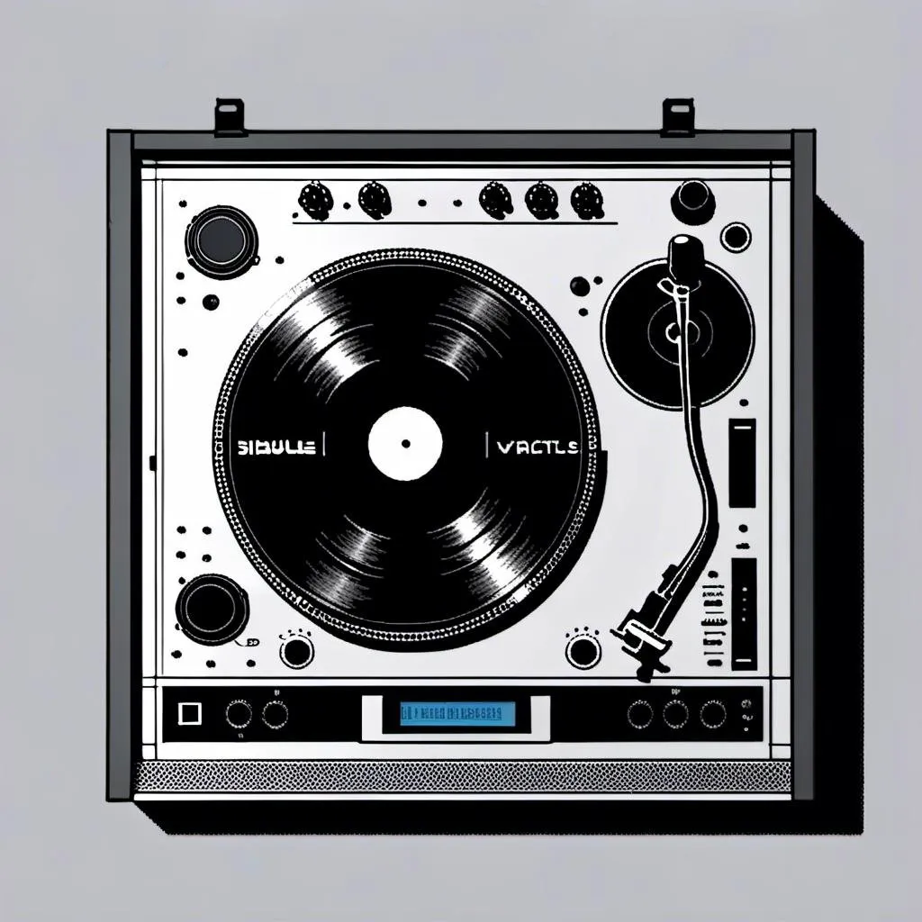 Prompt: <mymodel> here's an isometric view of a hand DJ: In this isometric view, the DJ is standing with both hands on the turntable, manipulating the record. The record is spinning quickly, creating a dynamic effect. The turntable is positioned in the center of the isometric space, with the DJ's hands hovering above it. The DJ's arms are positioned slightly out to the sides, creating a dynamic and energetic composition. The whole scene is presented from an isometric viewpoint, with a dynamic perspective and a cinematic quality.