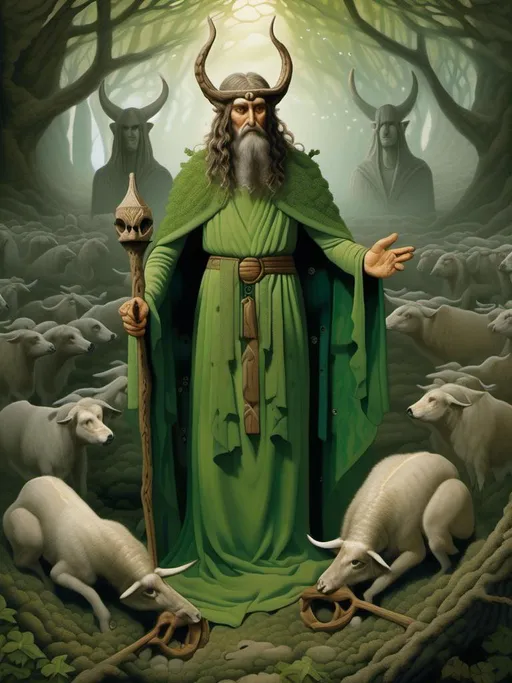 Prompt:  illustration of  la mythologie des Druides. Les Druides sont des pretresses et des preneurs de decisions en Irlande et en Gaule. Leur mythologie est remplie de créatures bizarres, de magies puissantes et de legendes folles. Ils croient en un dieu appelé Lugh, qui est le dieu de la lumiere et de la sagesse. Les Druides ont une relation unique avec la nature, ils utilisent les plantes et les animaux pour leur offrir des services spirituels et medicaux. mytholigique setting, detailed characters, colorful and vibrant, highres,etailed characters, vibrant colors, professional, dynamic lighting<mymodel>