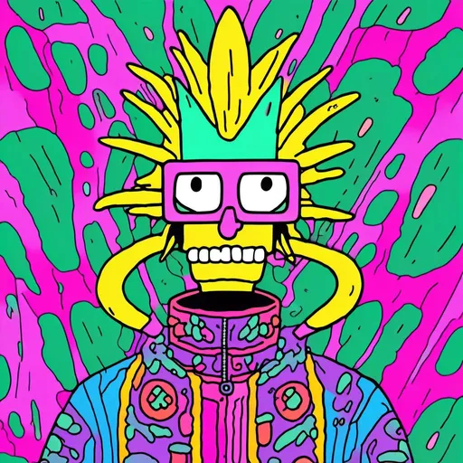 Prompt: <mymodel>Anime by Matt Groening, illustration of Simpson caractère with cannabis outfit  by Matt Groening; futuristic sci-fi setting, detailed characters, colorful and vibrant, highres, anime by Matt Groening, sci-fi, futuristic, detailed characters, vibrant colors, professional  Matt Groening, dynamic lighting<mymodel>