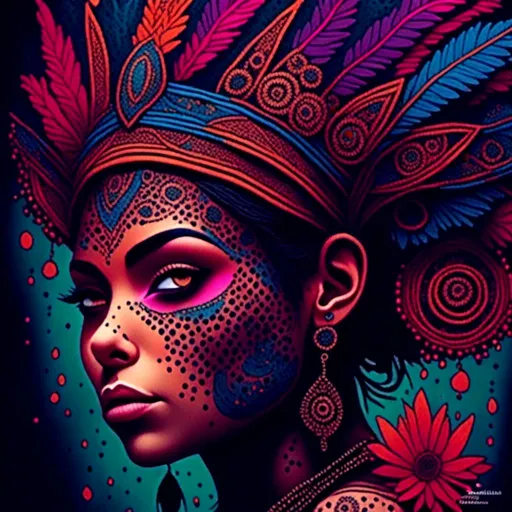 Prompt: <mymodel>Vibrant and intricate digital illustration of a dynamic female figure, bold tattoo artistry, vibrant and diverse body art, stunning detail and realism, high quality, digital art, vibrant colors, dynamic composition, detailed eyes, professional, personaltattoo, vibrant background, striking and colorful, medium: digital art, artistic flair, full-sleeve tattoo, detailed facial features, professional lighting, captivating and unique design