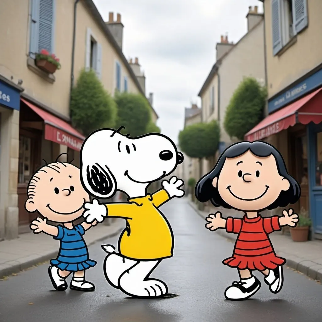 Prompt: 
Prompt : Snoopy et les Enfants Danseurs
Sujet : Deux enfants et Snoopy dansant joyeusement dans un pré fleuri.

Style :

Hommage au style iconique de Charles M. Schulz :
Lignes simples et expressives
Formes rondes et douces
Absence de perspective
Couleurs vives et primaires
Snoopy avec ses oreilles tombantes et son expression espiègle