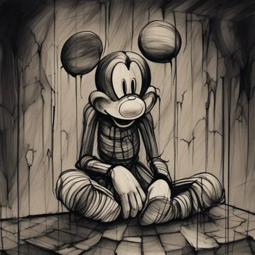 Prompt: <mymodel>Creepy, unsettling illustration of Mickey Mouse, dark and eerie ambiance, eerie details, high quality, detailed shadows, horror, sinister, disturbing, eerie lighting, surreal, unsettling atmosphere, dark tones, menacing, suspenseful, detailed, haunting, ominous