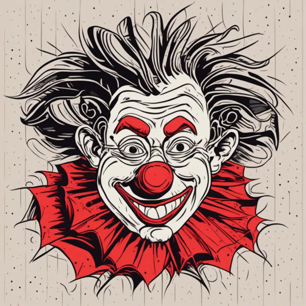 Prompt: <mymodel>Minimalistic hatching drawing of a red clown, black and white, simple lines, expressive facial features, high quality, hatching style, minimalism, contrasted shadows, detailed expression, professional, clean composition, monochrome, dramatic lighting