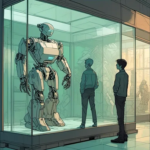 Prompt: <mymodel>storyscript, storytelling, comic of a robot standing next to a machine in a glass case with a man inside of it, Artgerm, panfuturism, ex machina, concept art