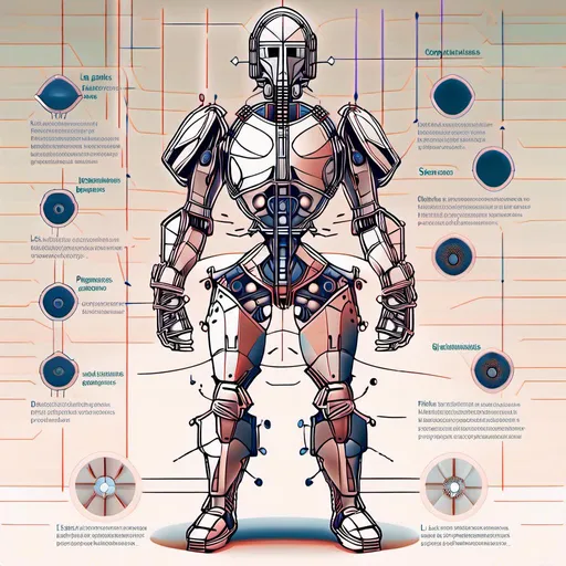 Prompt: Des plans techniques pour cette machine de combat : 1. Le corps est compose de plaques rivetees pour offrir une protection maximale. 2. La tete est disproportionnee par rapport au corps pour offrir une plus grande capacite de vue et de perception. 3. Les yeux globuleux et injectes de sang sont une reference aux yeux de la Mythologie Grecque. 4. La bouche est grande et garnie de dents acerees pour offrir une plus grande destructiveit. 5. Les griffes puissantes ou les armes integrees sont une reference aux machines de guerre des temps anciens.<mymodel>