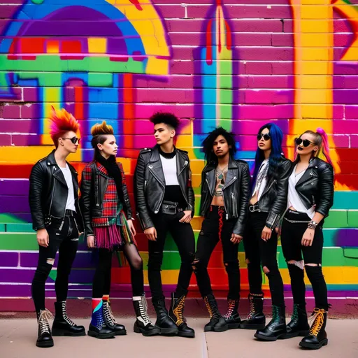 Prompt: group of young punks, clad in ripped leather jackets, tartan kilts, and Doc Martens boots, stand with a rebellious air in front of a vibrantly painted brick wall. The wall explodes with a riot of rainbow colors, adorned with graffiti that declares messages of defiance and social change. Imagine the scene rendered in the detailed precision of Boris Vallejo, yet infused with the meticulous pointillism style. Click to open the ultrafine detailed artwork, where every dot meticulously contributes to a vibrant explosion of color. The RGB spectrum is pushed to its limits, creating a scene that pulsates with electrifying energy. Each individual punk's expression is captured with precise detail, their gazes focused and intense, reflecting the rebellious spirit of both London and Amsterdam's punk scene. The lighting is professional, highlighting the unique details of their clothing and the weathered texture of the brick wall.

Style:

Boris Vallejo (precision, detail)
Pointillism (ultra-detailed dots)
RGB colors (vibrant, saturated)
High-resolution
Precisionist style (emphasis on geometric shapes)
Professional light.<mymodel>