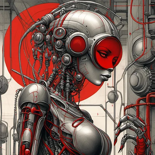 Prompt: <mymodel>Futuristic biomechanical illustration of a robotic figure, red glasses, intricate machinery in background, Android Jones, Giger style, punkborg, biopunk art, highres, ultra-detailed, futuristic, biomechanical, red glasses, intricate machinery, cyberpunk, Android Jones, Giger style, punkborg, biopunk, professional, atmospheric lighting