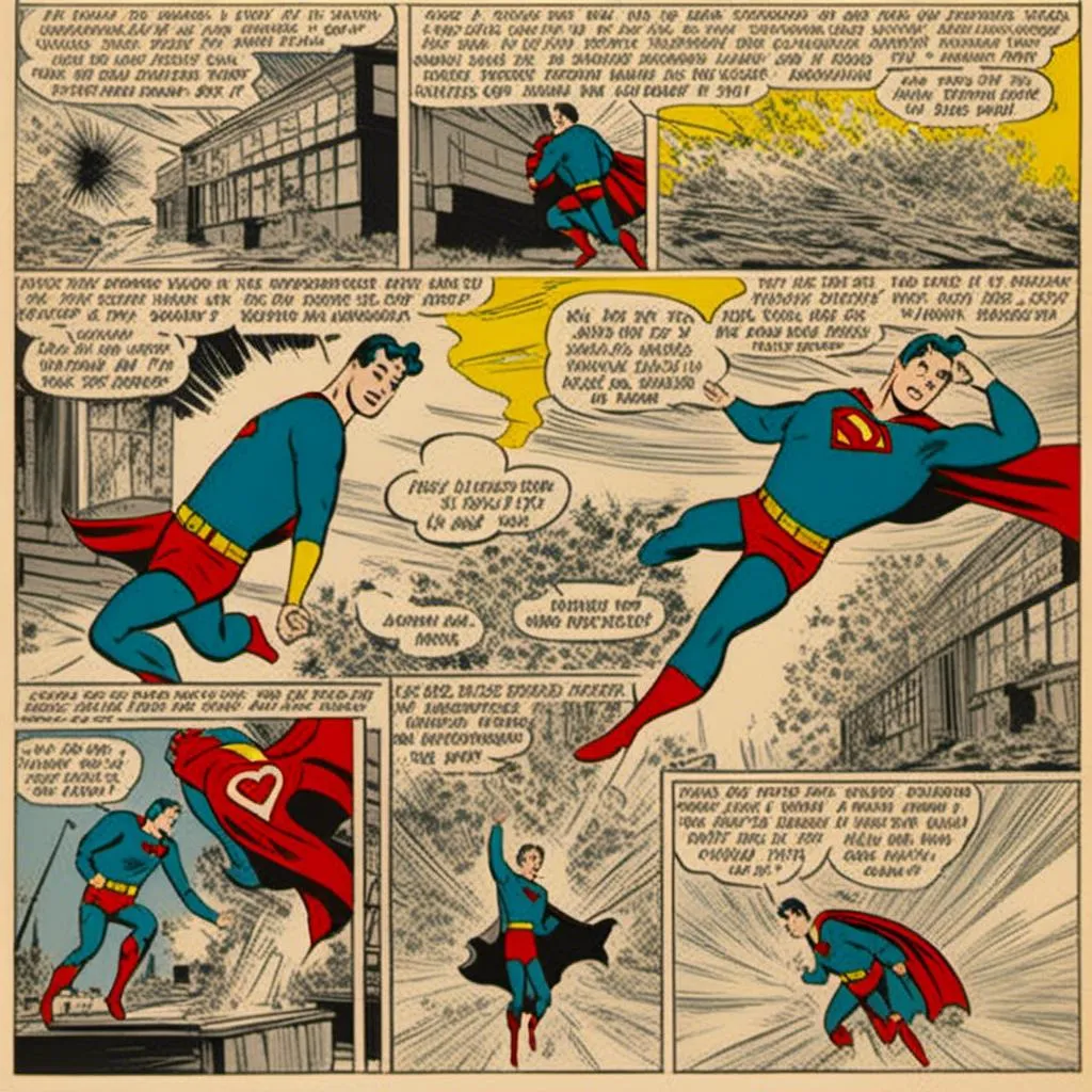 Prompt: <mymodel> 3 panel comic strip super man 1956