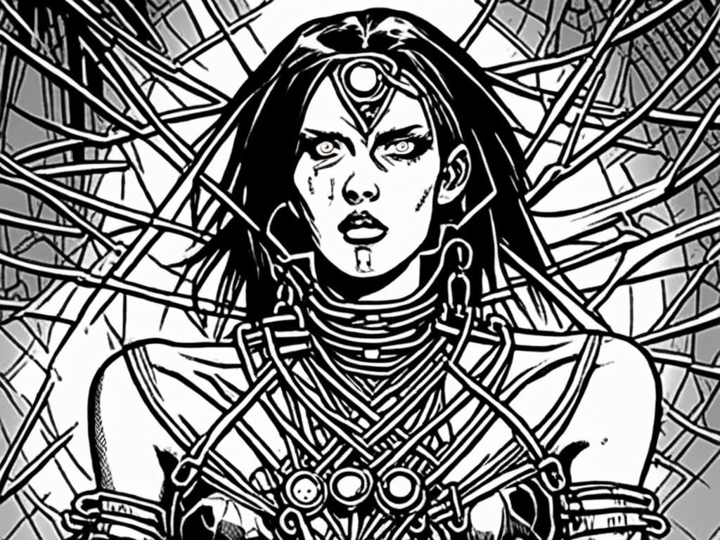 Prompt: <mymodel>detailed inked panels, special edition storytelling, high-quality, professional, real, intense actionteenage female cenobite with face covered in symmetrical metal blades and machines. insane laughter, dead, dead white eyes, Goddess of love and pain, divine madness, detailed facial expression, suspended in air by chains coming out of her body, ultra fine details, masterpiece