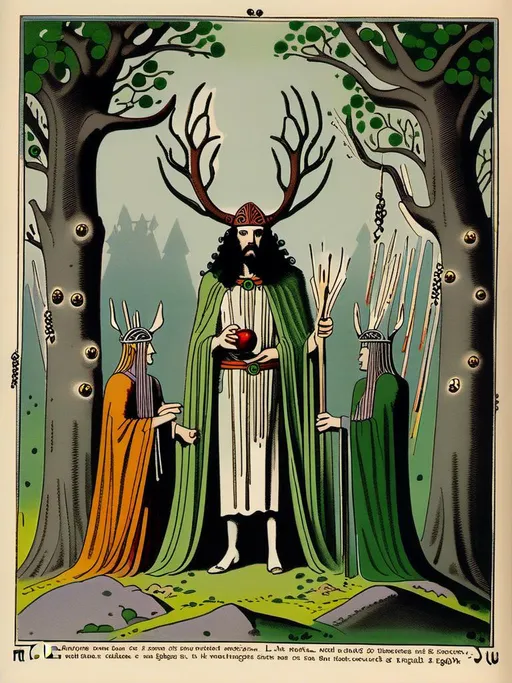 Prompt:  illustration of  la mythologie des Druides. Les Druides sont des pretresses et des preneurs de decisions en Irlande et en Gaule. Leur mythologie est remplie de créatures bizarres, de magies puissantes et de legendes folles. Ils croient en un dieu appelé Lugh, qui est le dieu de la lumiere et de la sagesse. Les Druides ont une relation unique avec la nature, ils utilisent les plantes et les animaux pour leur offrir des services spirituels et medicaux. mytholigique setting, detailed characters, colorful and vibrant, highres,etailed characters, vibrant colors, professional, dynamic lighting<mymodel>