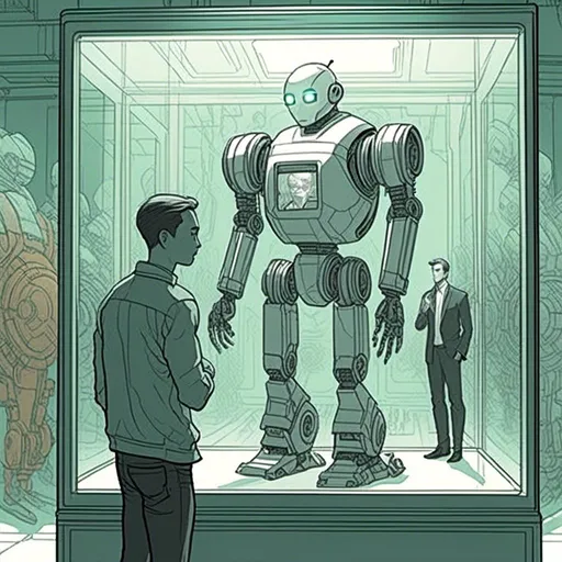 Prompt: <mymodel>a drawing of a robot standing next to a machine in a glass case with a man inside of it, Artgerm, panfuturism, ex machina, concept art