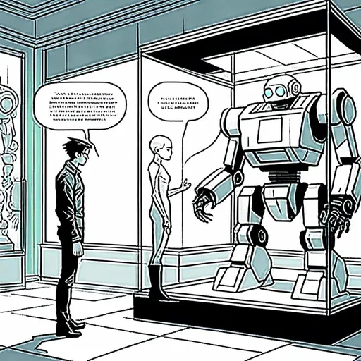 Prompt: <mymodel>a robot standing next to a machine in a glass case with a man inside of it, Artgerm, panfuturism, ex machina, concept art robot stortelling of  panels of comic for manga, with speech bubbles. white and empty Speech bubbles, double page, surreal atmosphere, symbolic representation, high contrast, deep shadows, monochromatic, digital rendering, high quality, minimalist, conceptual art, graffiti style, abstract, surreal, symbolic, atmospheric lighting, comic édition. full strory comic love robot, white and empty Speech bubbles, stortelling  a robot standing next to a machine in a glass case with a man inside of it, Artgerm, panfuturism, ex machina, concept art