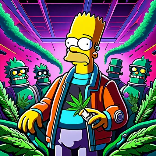 Prompt: Anime by Matt Groening, illustration of Simpson caractère with cannabis outfit  by Matt Groening; futuristic sci-fi setting, detailed characters, colorful and vibrant, highres, anime by Matt Groening, sci-fi, futuristic, detailed characters, vibrant colors, professional  Matt Groening, dynamic lighting<mymodel>