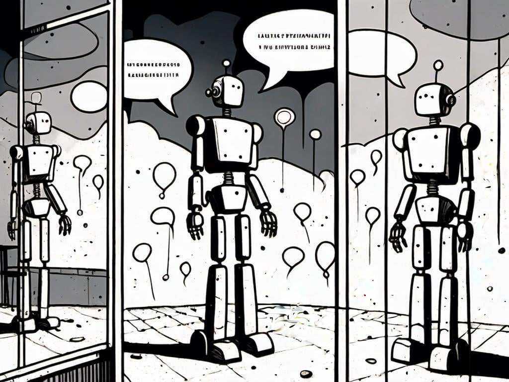 Prompt: <mymodel>love robot stortelling of  panels of comic for manga, with speech bubbles. white and empty Speech bubbles, double page, surreal atmosphere, symbolic representation, high contrast, deep shadows, monochromatic, digital rendering, high quality, minimalist, conceptual art, graffiti style, abstract, surreal, symbolic, atmospheric lighting, comic édition. full strory comic love robot, white and empty Speech bubbles, stortelling 