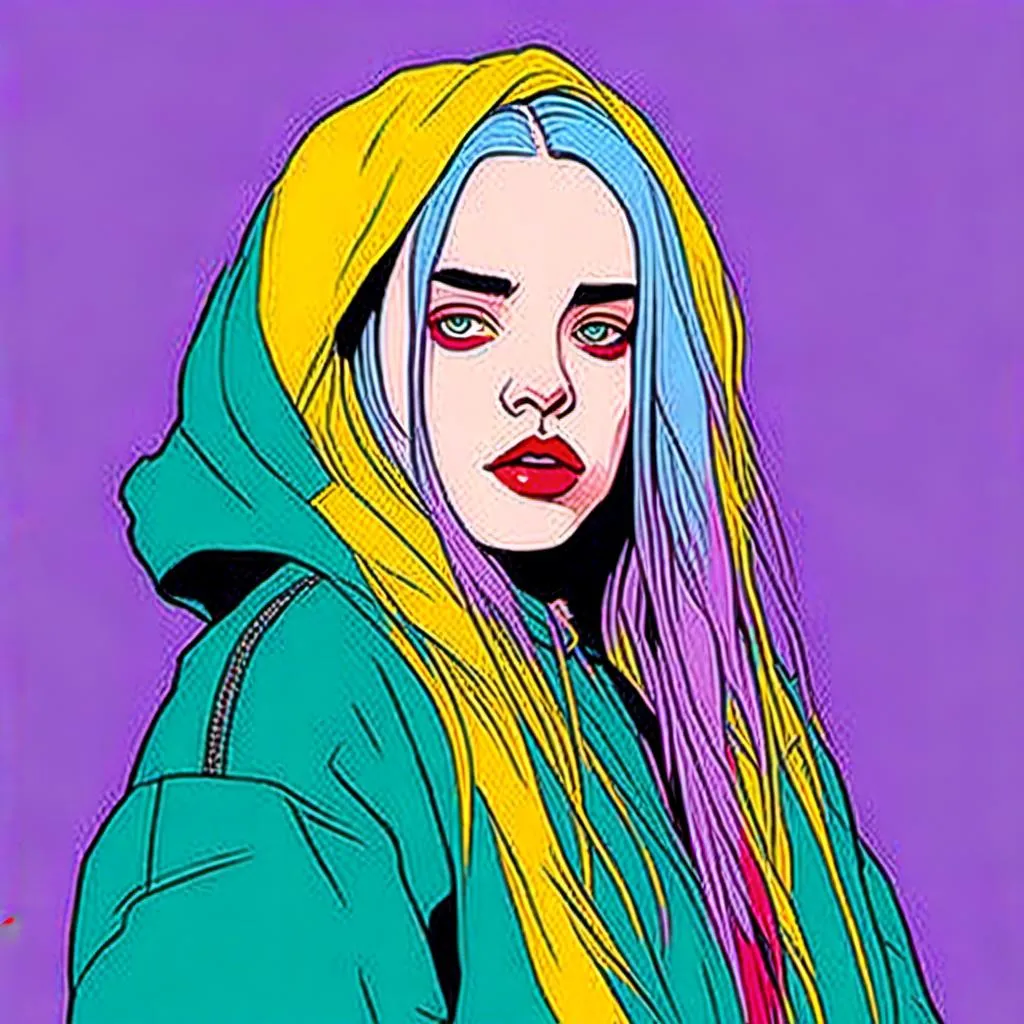 Prompt: Colorful digital illustration <mymodel>Billie Eilish - bad guy 