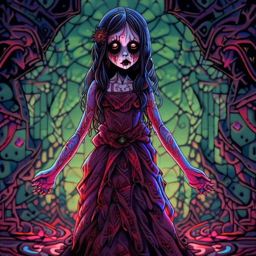 Prompt: full body shot, Little chaotic evil insane living dead girl with rotting pale flesh in a beautiful out of place dress, eerie atmospheric lighting, psychedelic  color tones, horror, detailed facial features, highres, ultra-detailed, Lovecraftian, eerie, sinister, haunting lighting, divine madness, holy killer, little Goddess of death. longing, madness, nothing love, holy death girl, smiling from ear to ear, glowing white eyes with ethereal trails, extreme emotion, If you are reading this I love you so much.<mymodel>