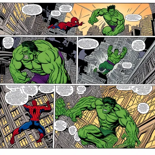 Prompt: <mymodel>comic strip Hulk vs Spiderman  full page