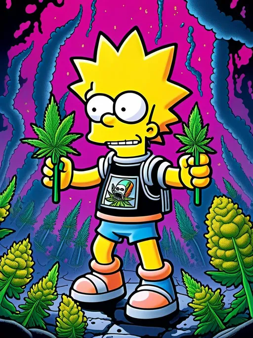 Prompt: Anime by Matt Groening, illustration of Bart Simpson with cannabis outfit  by Matt Groening; futuristic sci-fi setting, detailed characters, colorful and vibrant, highres, anime by Matt Groening, sci-fi, futuristic, detailed characters, vibrant colors, professional  Matt Groening, dynamic lighting<mymodel>