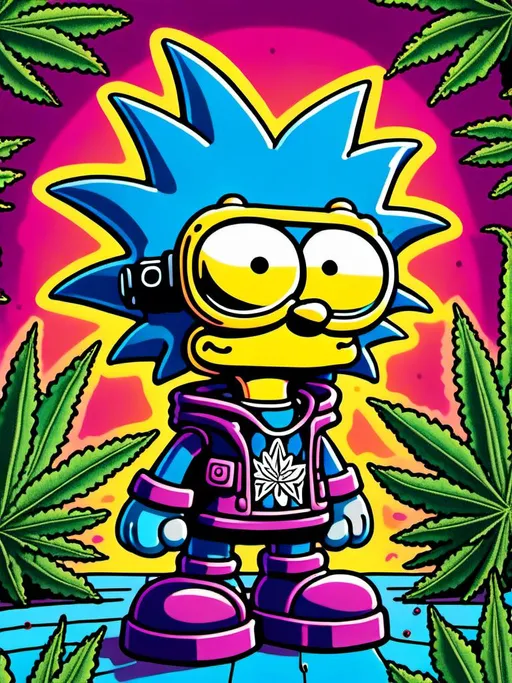 Prompt: Anime by Matt Groening, illustration of Bart Simpson with cannabis outfit  by Matt Groening; futuristic sci-fi setting, detailed characters, colorful and vibrant, highres, anime by Matt Groening, sci-fi, futuristic, detailed characters, vibrant colors, professional  Matt Groening, dynamic lighting<mymodel>