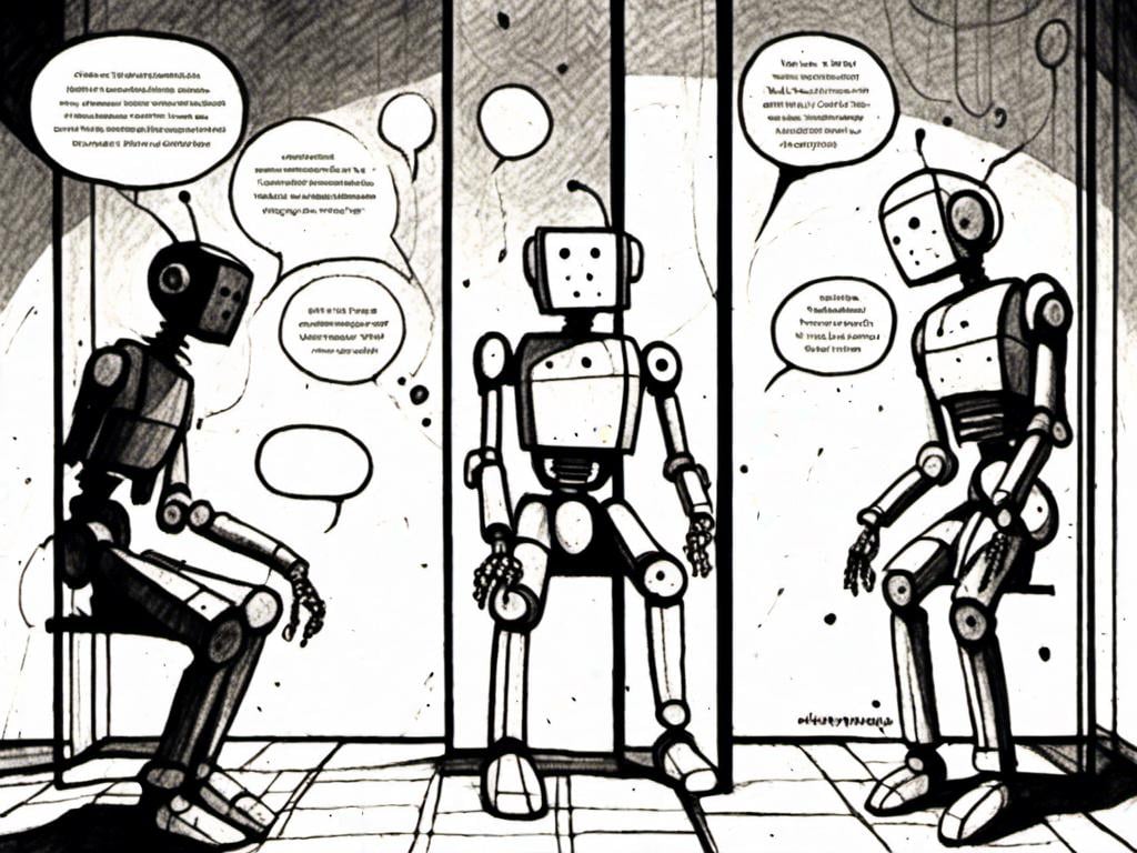 Prompt: <mymodel>love robot stortelling of  panels of comic for manga, with speech bubbles. white and empty Speech bubbles, double page, surreal atmosphere, symbolic representation, high contrast, deep shadows, monochromatic, digital rendering, high quality, minimalist, conceptual art, graffiti style, abstract, surreal, symbolic, atmospheric lighting, comic édition. full strory comic love robot, white and empty Speech bubbles, stortelling 