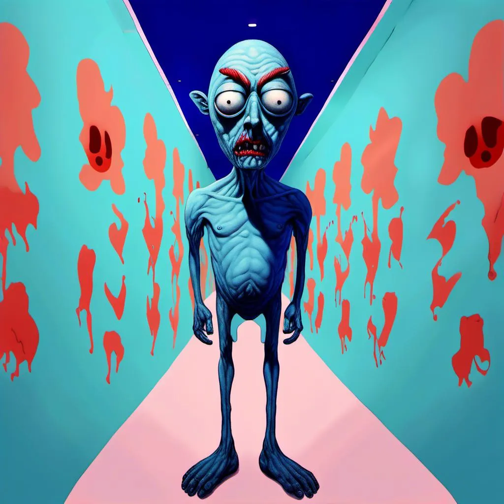 Prompt: <mymodel>a creepy looking creature with a large head and two smaller heads on his body in a hallway with a blue wall, Benjamin Marra, shock art, hyper real, a 3D render