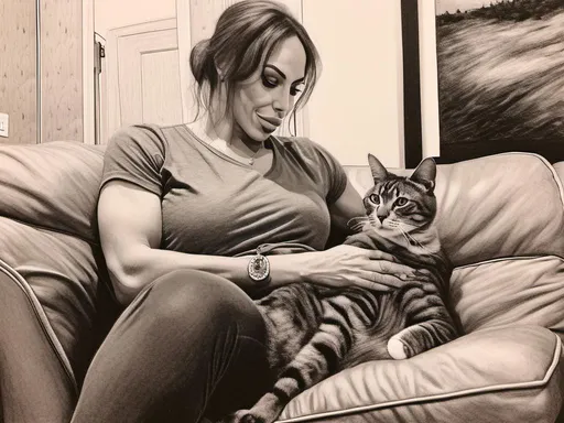 Prompt: <mymodel> a cat shows a cat on the living room television drawing of a contented cat enjoying, inked, detailed fur with subtle highlights, tranquil ambiance, high quality, charcoal drawing, realistic, detailed, contented cat, a cat shows a cat on the living room television, tranquil ambiance