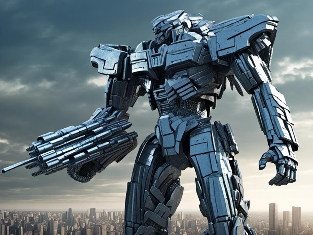 Prompt: <mymodel>High-res, detailed 3D rendering of a combat machine, metallic material with riveted plates, futuristic sci-fi style, technical blue and metallic tones, intense and dramatic lighting, industrial urban setting, heavy-duty mechanical design, powerful and menacing presence, fully armed with advanced weapons, intricate mechanical details, professional-quality, sci-fi, combat machine, metallic, technical blue tones, intense lighting, industrial urban setting, menacing presence, advanced weapons, mechanical details