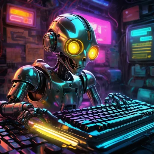 Prompt: High-resolution digital art of a robot in a keyboard, with a thought bubble above, vibrant colors, comic style, technology theme, glowing neon lights, detailed metallic textures, futuristic design, professional, vibrant colors, comic style, technology theme, futuristic, metallic textures, detailed, glowing neon lights, professional, vibrant colors, thought bubble, high quality, digital art, futuristic design, detailed metallic textures, comic style