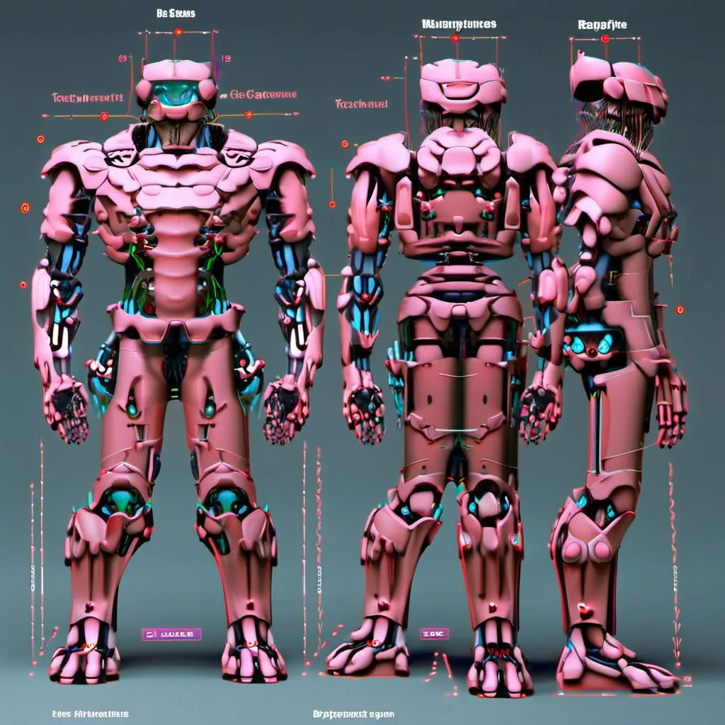 Prompt: Des plans techniques pour cette machine de combat : 1. Le corps est compose de plaques rivetees pour offrir une protection maximale. 2. La tete est disproportionnee par rapport au corps pour offrir une plus grande capacite de vue et de perception. 3. Les yeux globuleux et injectes de sang sont une reference aux yeux de la Mythologie Grecque. 4. La bouche est grande et garnie de dents acerees pour offrir une plus grande destructiveit. 5. Les griffes puissantes ou les armes integrees sont une reference aux machines de guerre des temps anciens.<mymodel>