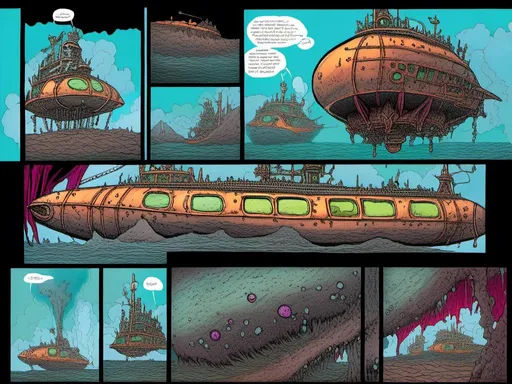 Prompt: <mymodel>steampunk comic featuring the Nemo submarine, detailed inked panels, special edition storytelling, high-quality, professional, sci-fi, futuristic, intense action, vivid colors, dynamic composition, atmospheric lighting, detailed, panels, professional inking