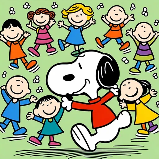 Prompt: <mymodel>
Prompt : Snoopy et les Enfants Danseurs
Sujet : Deux enfants et Snoopy dansant joyeusement dans un pré fleuri.

Style :

Hommage au style iconique de Charles M. Schulz :
Lignes simples et expressives
Formes rondes et douces
Absence de perspective
Couleurs vives et primaires
Snoopy avec ses oreilles tombantes et son expression espiègle