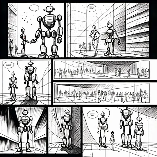 Prompt: <mymodel>Love robot storytelling in manga comic panels, surreal atmosphere, symbolic representation, high contrast, deep shadows, monochromatic, digital rendering, high quality, mini comic edition, full story comic, futuristic, dreamlike, detailed mechanical designs, emotional storytelling, manga style, double-page spread, professional, atmospheric lighting