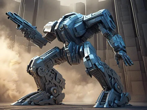 Prompt: <mymodel>High-res, detailed 3D rendering of a combat machine, metallic material with riveted plates, futuristic sci-fi style, technical blue and metallic tones, intense and dramatic lighting, industrial urban setting, heavy-duty mechanical design, powerful and menacing presence, fully armed with advanced weapons, intricate mechanical details, professional-quality, sci-fi, combat machine, metallic, technical blue tones, intense lighting, industrial urban setting, menacing presence, advanced weapons, mechanical details