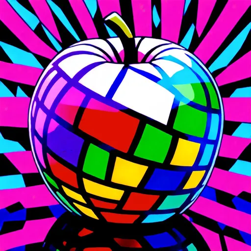 Prompt: <mymodel> <mymodel>Vibrant pop art illustration of a transparent glass apple sculpture, shiny and reflective surface, bold colors, high contrast, detailed glasswork, glossy finish, artistic interpretation, modern pop art, transparent glass, vibrant colors, high quality, detailed reflections, glossy finish, striking pop art style, bold and vibrant, contemporary art, shiny surface; ce qui donne cette image 