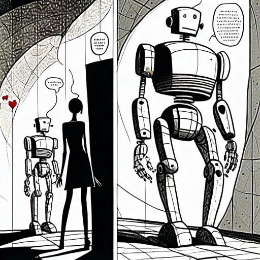 Prompt: <mymodel>love robot stortelling of  panels of comic for manga, double page, surreal atmosphere, symbolic representation, high contrast, deep shadows, monochromatic, digital rendering, high quality, minimalist, conceptual art, graffiti style, abstract, surreal, symbolic, atmospheric lighting, comic édition. full strory comic love robot stortelling 