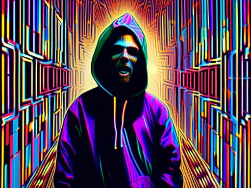 Prompt: <mymodel> full body shot, Cosmic celebration in psychedelic glitch art, glitch God, psychedelic and glitchy, cosmic drama, Insane 40 yr  glitch maker with goatee, insane laugh, glitched out eyes, black glitchy hoodie, dystopian background, cosmic giggle, divine laughter, intense facial emotions, divine madness,  glitch meme magic, strange, bizarre, weird, fine details, highest quality