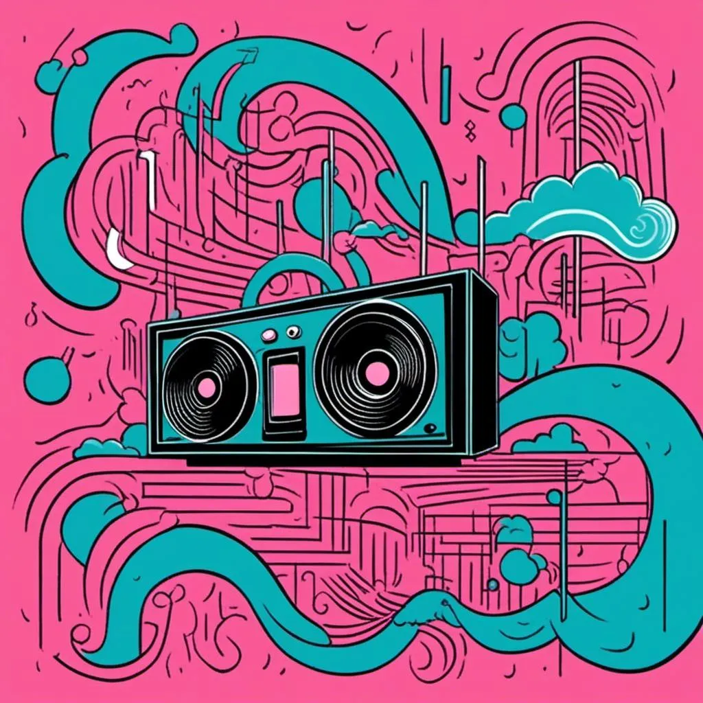 Prompt: <mymodel>Illustration of music in ads-corporate style, cyan and pink color tones, symbolism, cloudcore, endercore, wavy lines and organic shapes, black background, high quality, ads-corporate, cyan and pink, symbolism, cloudcore, endercore, wavy lines, organic shapes, professional, atmospheric lighting