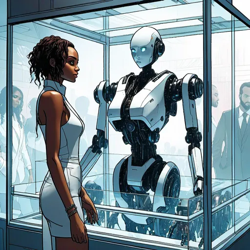 Prompt: <mymodel><mymodel>a robot standing next to a machine in a glass case with a man inside of it, Artgerm, panfuturism, ex machina, concept art robot stortelling of  panels of comic for manga, with speech bubbles. white and empty Speech bubbles, double page, surreal atmosphere, symbolic representation, high contrast, deep shadows, monochromatic, digital rendering, high quality, minimalist, conceptual art, graffiti style, abstract, surreal, symbolic, atmospheric lighting, comic édition. full strory comic love robot, white and empty Speech bubbles, stortelling  a robot standing next to a machine in a glass case with a man inside of it, Artgerm, panfuturism, ex machina, concept art