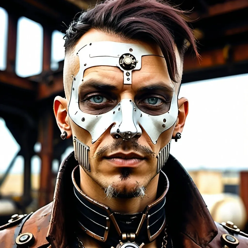 Prompt: Character portrait in steampunk artstyle, man with a weird face and nose, black nose ring, Enki Bilal, neo-primitivism, punk, detailed facial features, rusty metallic tones, industrial setting, retro-futuristic elements, steampunk aesthetic, eccentric character, highres, detailed, steampunk, rusty tones, industrial, retro-futuristic, detailed facial features, eccentric, character portrait