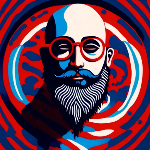 Prompt: <mymodel><mymodel>Bearded man drawn like a logo, whit mustache,no hair, bald head, White cotton t-shirt with horizontal red stripes very regular and 1cm large, round glasses, high quality, detailed design, minimalistic, professional lighting, cool tones, minimalist style, highres, detailed facial hair, mature, sophisticated, cool tones, minimalistic, focused lighting<mymodel>