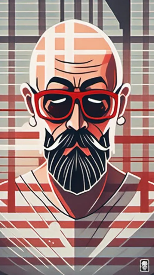 Prompt: <mymodel>Bearded man drawn like a logo, whit mustache,no hair, bald head, White cotton t-shirt with horizontal red stripes very regular and 1cm large, round glasses, high quality, detailed design, minimalistic, professional lighting, cool tones, minimalist style, highres, detailed facial hair, mature, sophisticated, cool tones, minimalistic, focused lighting<mymodel>