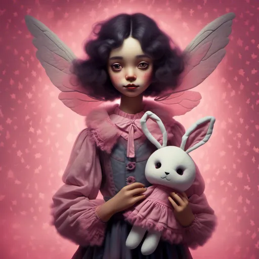 Prompt: A haunting illustration of Zoe with a pink background, holding a plush rabbit. The plush rabbit has a persistent smile and a crumpled look to it. The fairy is made of crinkled tissue paper, with slightly crumpled wings. The atmosphere is haunting and eerie, with dim lighting and misty tones. The image has a vintage style, with detailed plush fur and delicate paper texture. The overall effect is one of mystery and wonder, with a hint of pink in the background<mymodel>