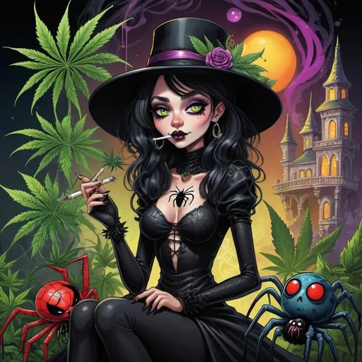 Prompt: prompt de base : Cartoon illustration " réel Adams Mercredi in black gothique wear with her spider   " with basmoking big joint with friends and big cannabis, vibrant and colorful, whimsical fantasy setting, intricate details, high quality, misc-manga, fantasy, vibrant colors, intricate design, magical atmosphere.
