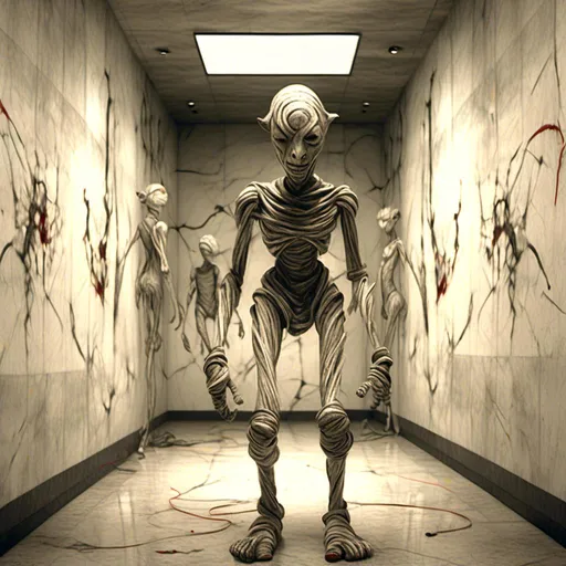 Prompt: <mymodel>a creepy looking creature with a large head and two smaller heads on his body in a hallway with a wall, shock art, hyper real, a 3D render