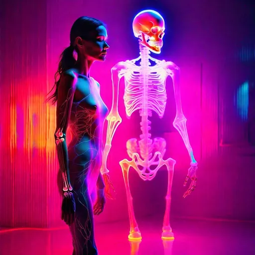 Prompt: humain Translucent-skinned woman with a skeleton head with visible human vein and nervous system, standing up, soft neon light, Beeple style, digital art, cybernetic, cyberpunk,with visible human vein and nervous system, highres, detailed, futuristic, edgy, cool tones, eerie lighting, professional digital rendering