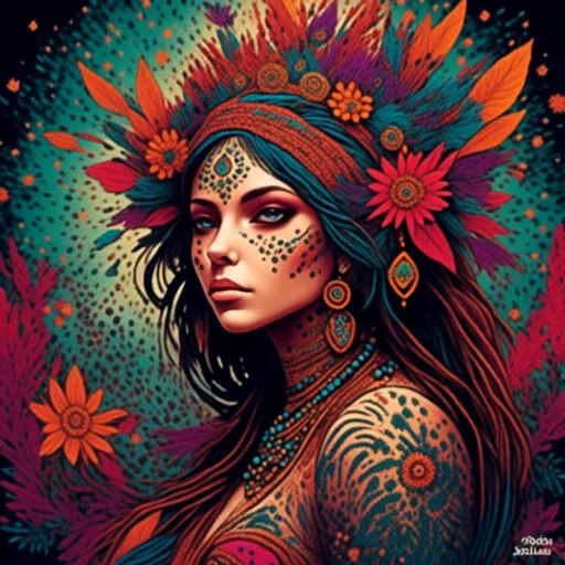 Prompt: <mymodel>Vibrant and intricate digital illustration of a dynamic female figure, bold tattoo artistry, vibrant and diverse body art, stunning detail and realism, high quality, digital art, vibrant colors, dynamic composition, detailed eyes, professional, personaltattoo, vibrant background, striking and colorful, medium: digital art, artistic flair, full-sleeve tattoo, detailed facial features, professional lighting, captivating and unique design