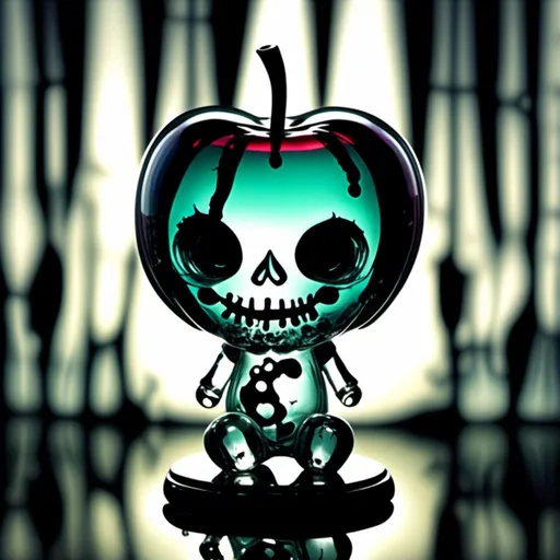 Prompt: <mymodel>Vibrant pop art illustration of a transparent glass apple with daark doll inside sculpture, bold colors, high contrast, detailed glasswork, glossy finish, high quality, misc-macabre, vibrant pop art, bold colors, high contrast, detailed glasswork, glossy finish