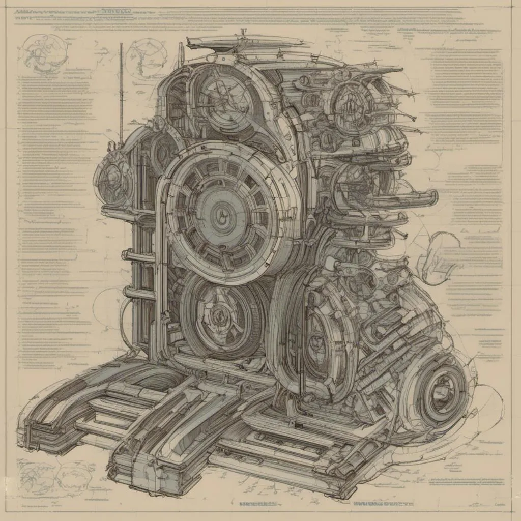 Prompt: a blueprint drawing of a machine with gears and wheels on it's side, with a large amount of details, Beeple, retrofuturism, mecha, a detailed drawing<mymodel>