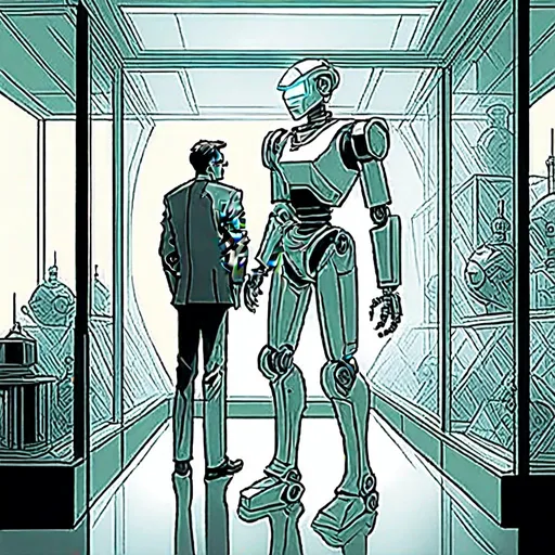 Prompt: <mymodel>story script, storytelling, panel comic of a robot standing next to a machine in a glass case with a man inside of it, Artgerm, panfuturism, ex machina, concept art