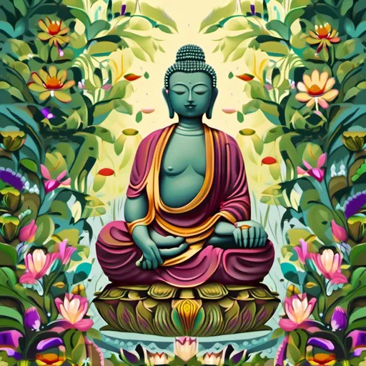 Prompt: Voici un prompt pour une illustration de ce que vous avez décrit : L'illustration devrait représenter une statue de Bouddha sereine dans un écrin de verdure luxuriante. La végétation doit être détaillée et détaillée, avec une gamme de couleurs vives et éclatantes. Le Bouddha doit être représenté avec des traits délicats et une pose de méditation profonde. Ses mains doivent être posées sur les genoux, les yeux fermés, dans un geste de méditation profonde. La végétation doit être représentée de manière détaillée et détaillée, avec des feuilles vertes. Les lianes grimpantes et les orchidees doivent etre representees de facon detaillee et detaillee. Les rayons de soleil doivent filtrer a travers la canopee dense, projetant des taches lumineuses sur la statue de Bouddha. Les oiseaux doivent chanter melodieusement, leurs chants harmonieux se melant au murmure de la brise qui traverse les feuilles. Le tout doit etre represente de maniere detaillee, avec des couleurs vives et eclatantes.<mymodel>